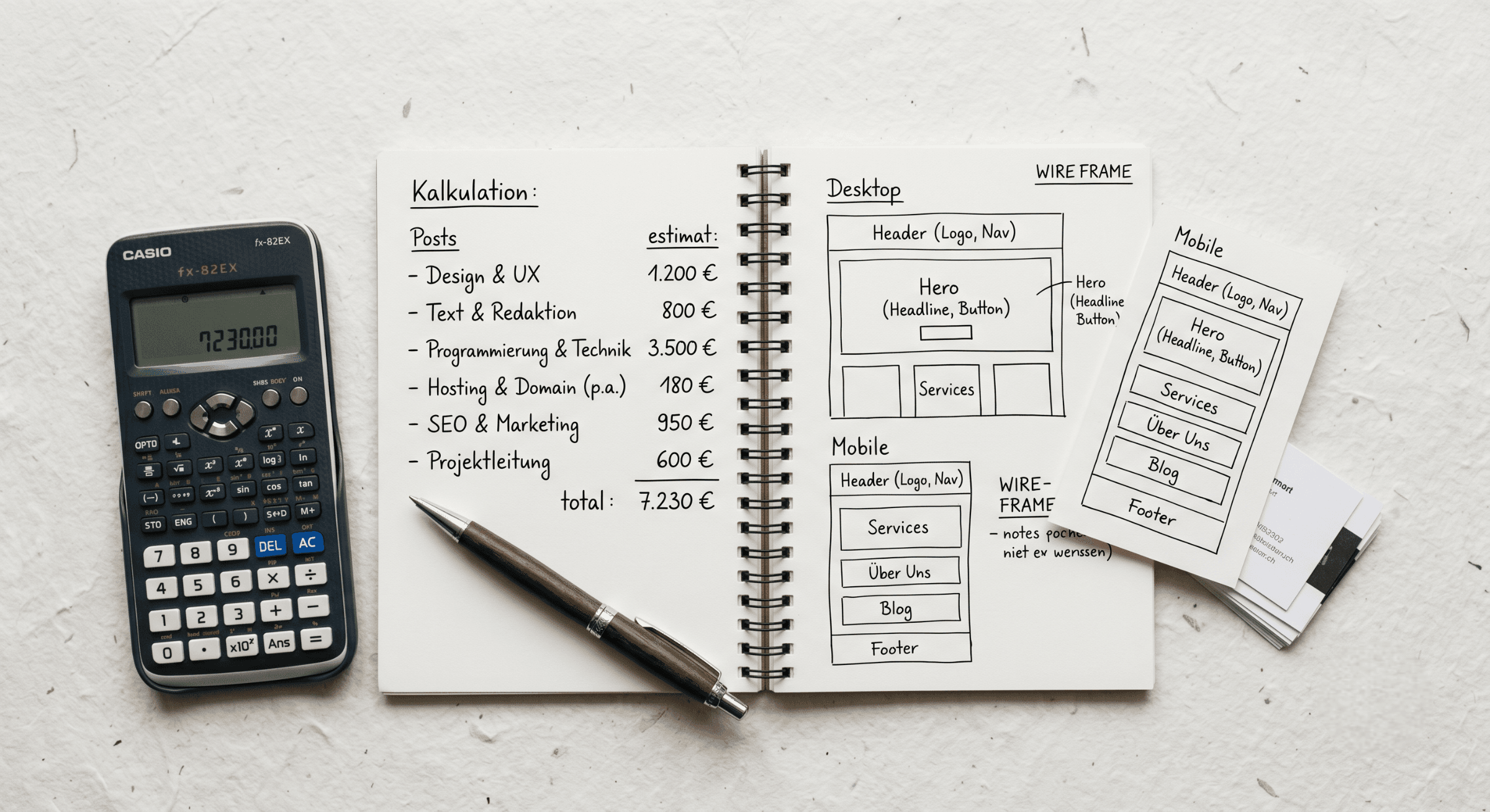 Rechner, Notizen und Skizzen eines Website-Konzepts auf einem Schreibtisch