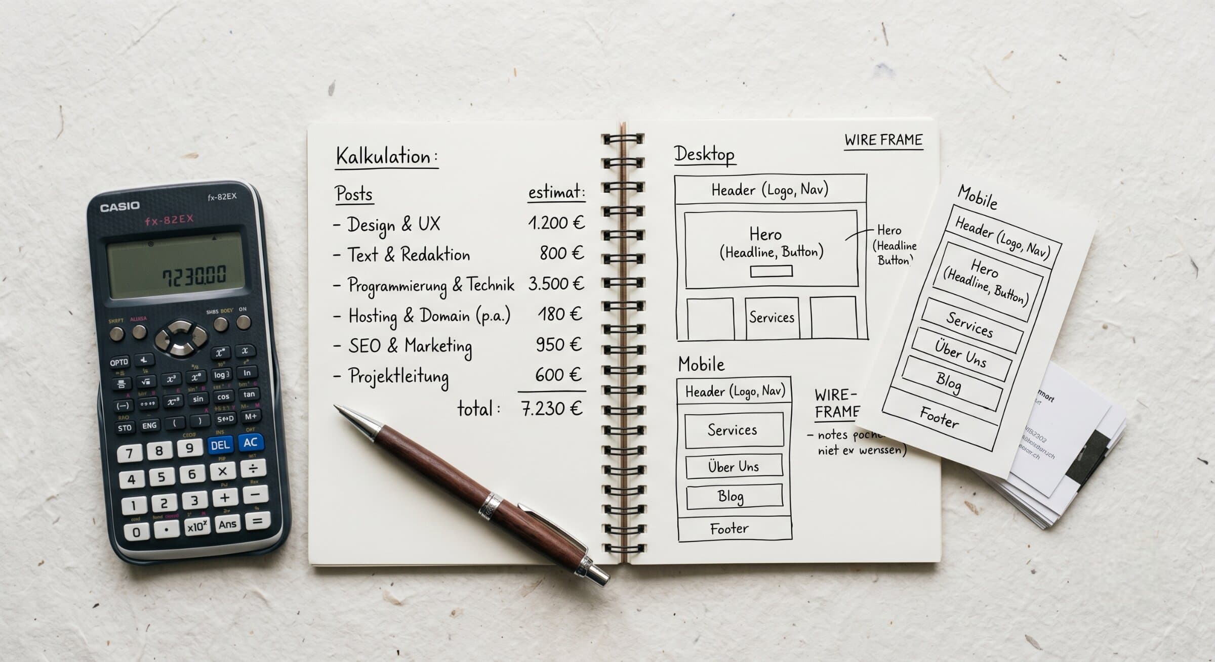 Rechner, Notizen und Skizzen eines Website-Konzepts auf einem Schreibtisch