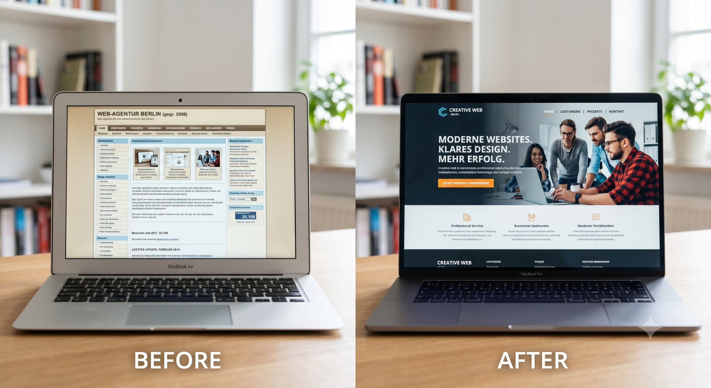Person schaut nachdenklich auf veraltete Website am Laptop