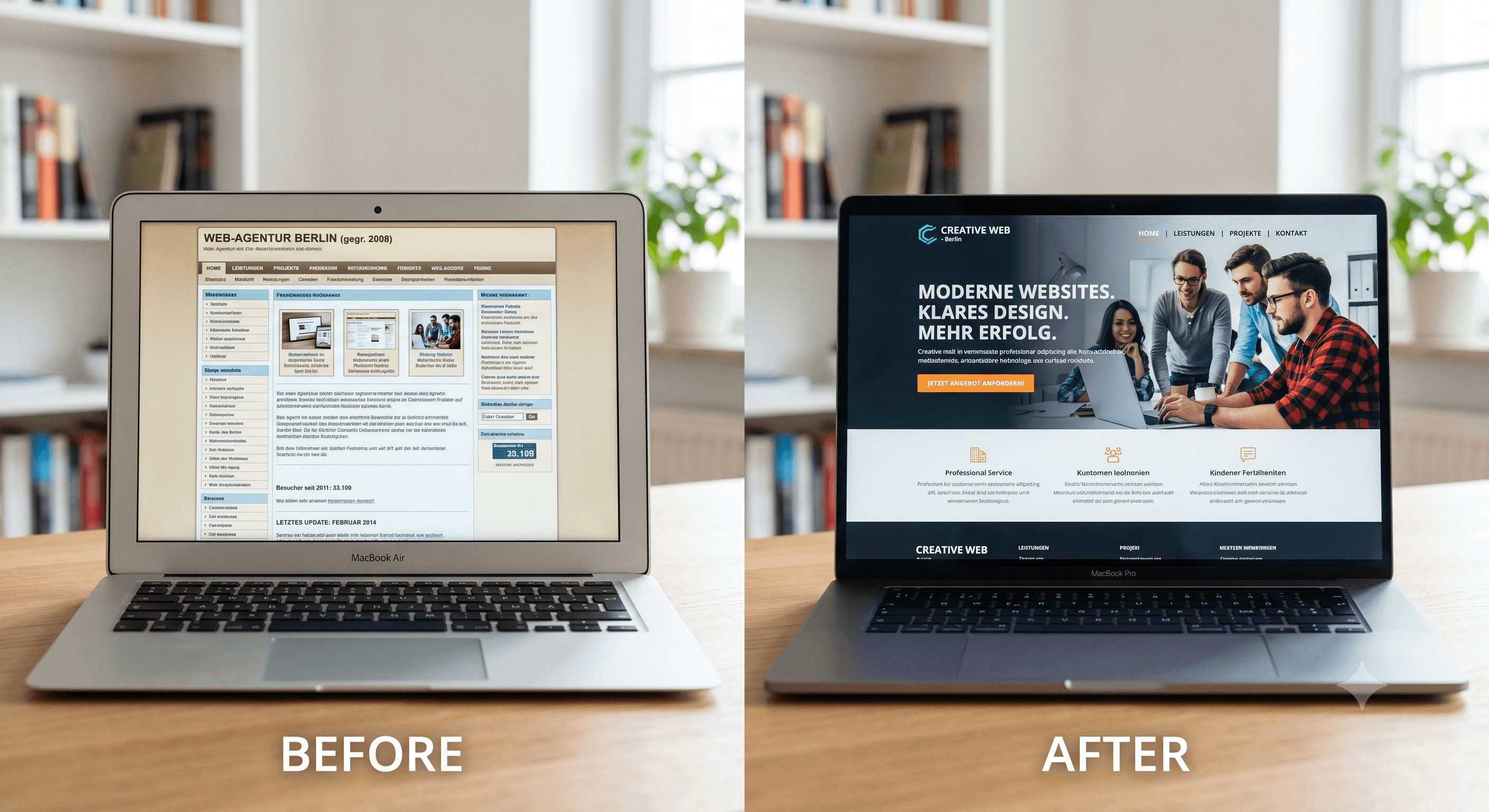 Person schaut nachdenklich auf veraltete Website am Laptop