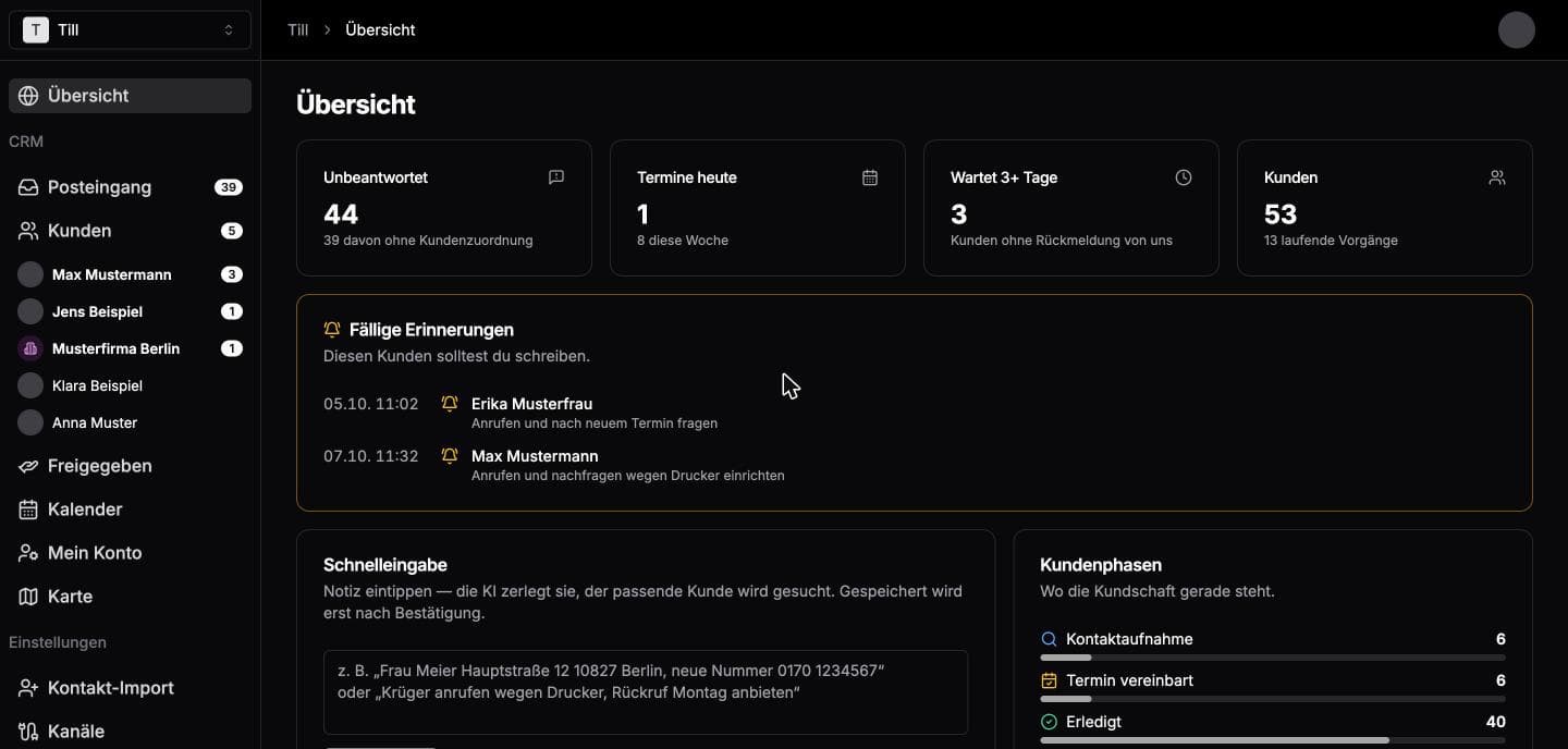 Kundenübersicht im Portal mit fälligen Erinnerungen und Vorgangsphasen