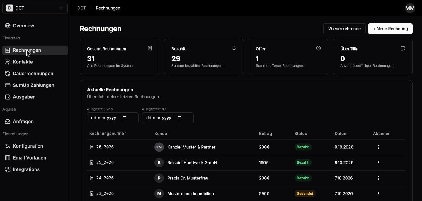 Rechnungsliste im Portal mit Status, Betrag und Datum
